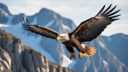 Obraz premium Powerful Eagle in Flight Across Rugged Mountain Landscape