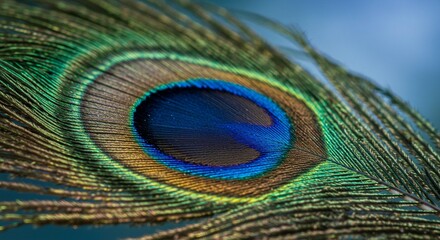 Obraz premium Vibrant Peacock Feather Close up Jewel toned Eye Spot Detail Macro Photography