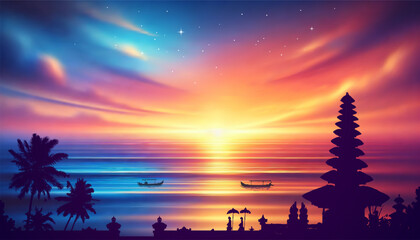 Vector magical Bali sunset with palm trees and temple silhouette with traditional boats on colorful tropical seascape background