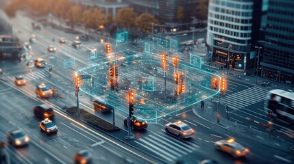 Smart traffic system, urban city view