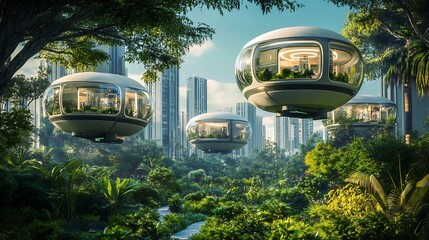 Random scene of high tech residential pods levitating above a lush urban garden on an original background
