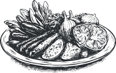 Obraz premium Black and white sketch of assorted fruits and vegetables on a plate.