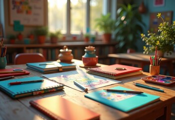 vibrant colorful stationery collection classroom table organization essentials drawing supplies, pencil, marker, notebook, folder, highlighter, eraser, clip, tape