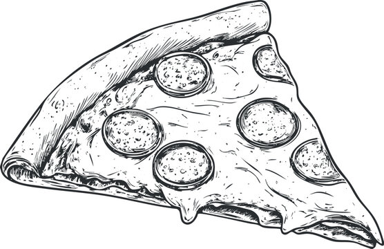 Hand-drawn sketch of a pepperoni pizza slice with cheese and crust.