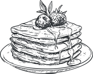 Hand-drawn illustration of pancakes with strawberries and syrup on a plate.