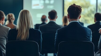Focused Audience: a Business Conference: Capturing the essence of a productive business conference, an audience sits attentively, eyes fixed on the presentation, ready to absorb valuable insights.