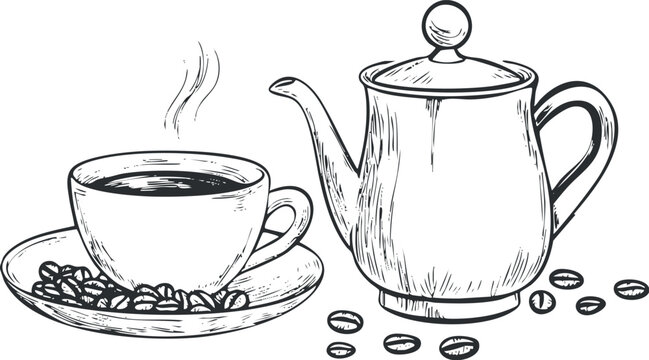 coffee cup and pot sketch, black and white clip art preview