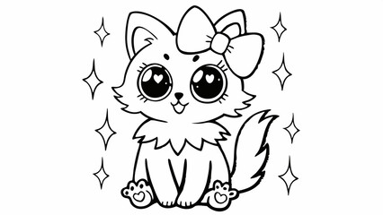 Fototapeta premium Adorable Kawaii Kitten Coloring Page – Cute Cat with Bow & Sparkles [Printable]