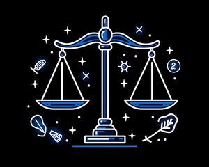Blue neon line art scales of justice with celestial elements