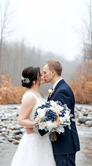 Bride and groom share a tender kiss by a winter stream