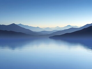 Peaceful mountain landscape with calm water and soft light.