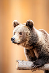 Obraz premium Brown bear cub perched on a log, looking to the side against a blurred orange background