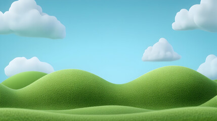 Cartoonish green hills under a bright blue sky with fluffy white clouds