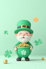 Fototapeta premium Cheerful leprechaun holding pot of gold, surrounded by shamrocks