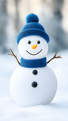 Obraz premium Cheerful snowman in blue hat and scarf, snowy background