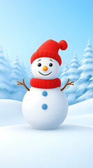 Cheerful snowman in red hat and scarf, winter landscape