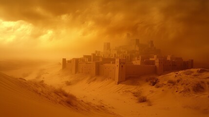 A medieval fortress town enveloped by a sandstorm, grains blurring historic contours