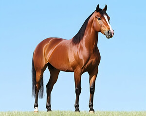 Obraz premium Chestnut horse standing in a field against a clear blue sky
