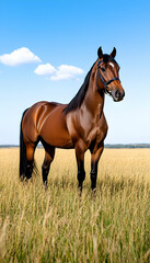 Obraz premium Chestnut horse standing in a golden wheat field under a clear blue sky