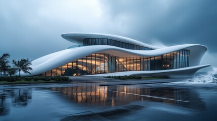 A modern architectural marvel facing the wrath of a super typhoon, sleek lines against chaotic winds