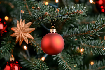 Obraz premium Close-up of a red ornament on a decorated Christmas tree with lights and stars