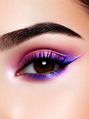 Obraz premium Close-up of a woman's eye with pink and purple eyeshadow and eyeliner