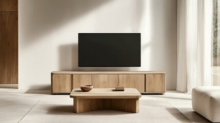 A contemporary minimalist living room with a wood TV cabinet and coffee table combination