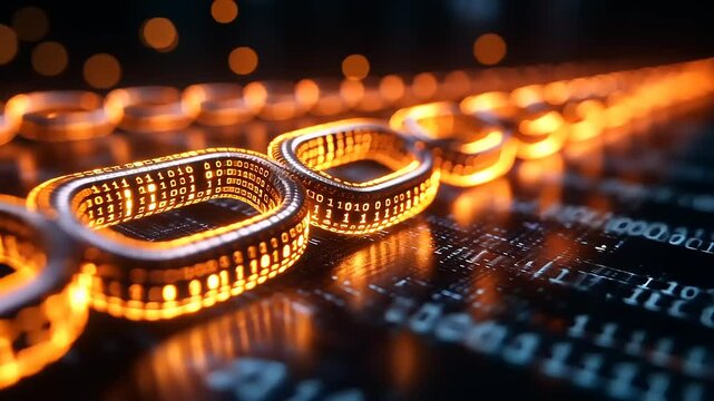 Illuminated digital chain links representing blockchain technology against a dark background with bokeh lights