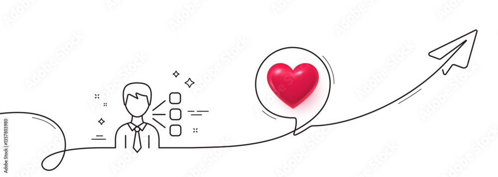 Poster third party line icon. continuous line with share plane. team leader sign. business conversation sym
