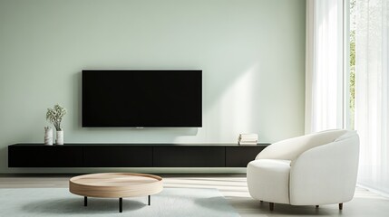 Fototapeta premium A contemporary minimalist living room with pale mint green walls and a black wall unit featuring a slim flat-screen TV