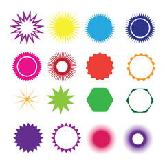 Set of multicolored sunburst and badge shapes. Sunburst sticker badge, circle badge, starburst sticker set collection
