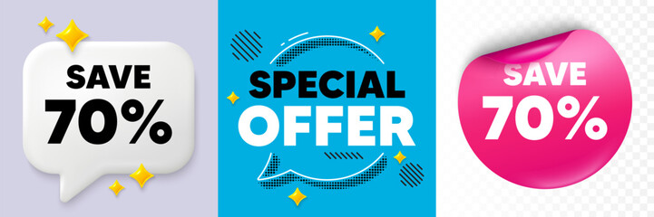 Discount speech bubble. 3d sparkles chat, Paper sticker. Save 70 percent off tag. Sale Discount offer price sign. Special offer symbol. Special offer bubble. Halftone dots pattern. Vector