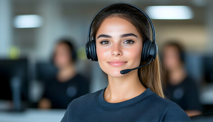 Confident female customer service representative in a modern office setting