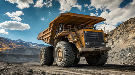 Obraz premium A giant dump truck used for transporting ores in a mining operation, with large wheels and an enormous load of minerals crossing a rugged mine site.