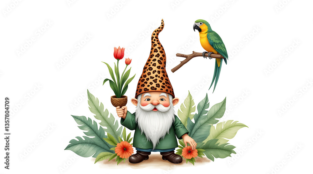 Poster a whimsical gnome with a leopard-print hat and a colorful parrot, amidst lush tropical foliage, crea