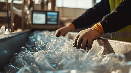 Inside a modern French recycling center, workers wearing protective gloves and neon yellow safety vests are manually sorting recyclable materials on a conveyor belt. 
