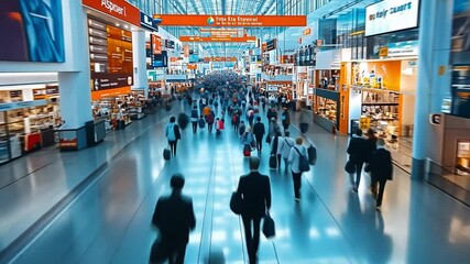 A bustling trade show in a modern exhibition center