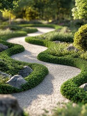 Winding garden pathway serene nature scene landscape photography tranquil environment