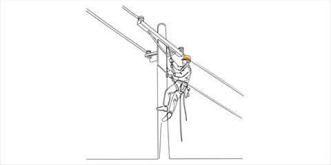 A single continuous line drawing illustrates a lineman climbing an electric pole, representing one of the high-risk professions prone to work-related accidents. This simple yet powerful illustration.