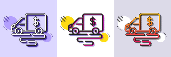 Cash transit line icon. Halftone dotted pattern. Gradient icon with grain shadow. Money collector truck sign. Cash collection machine symbol. Line cash transit icon. Various designs. Vector