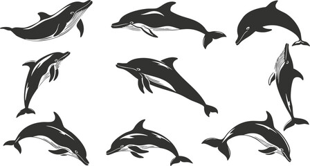 Obraz premium Set of black dolphin silhouettes in various poses and movements.