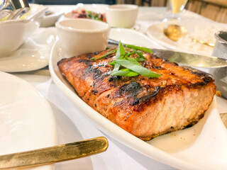tuna steak on a table in a restaurant