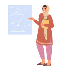 A contemporary Muslim woman stands confidently in a classroom, presenting geometric concepts using a diagram. She holds books and engages students with her thoughtful explanation.