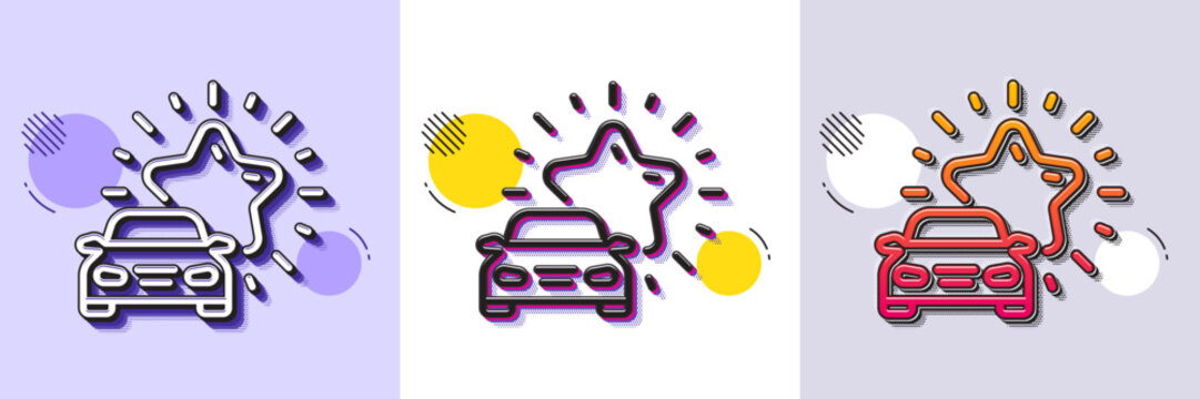 Car review line icon. Halftone dotted pattern. Gradient icon with grain shadow. Best transport service sign. Delivery rating symbol. Line car review icon. Various designs. Vector