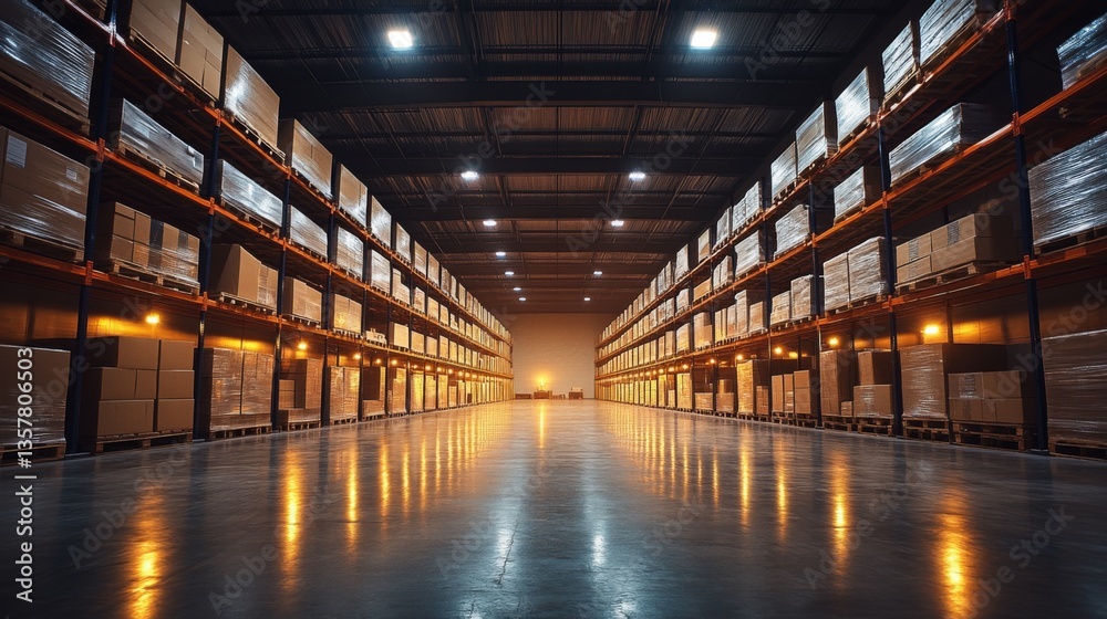 Poster large logistics facility featuring high shelves filled with boxes and pallets. the space is well lit