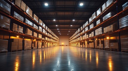 Large logistics facility featuring high shelves filled with boxes and pallets. The space is well lit, indicating a focus on efficient inventory management and storage solutions.