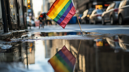 Obraz premium Rainbow flag on wet city street with reflection in puddle 