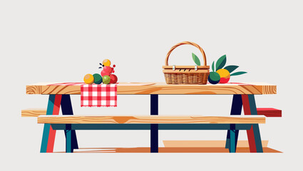 Obraz premium Wooden picnic table with fruits and a basket on a light background in a colorful illustrated style