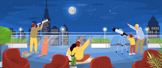 Families gather on a rooftop terrace to look through telescopes at the night sky. They admire the bright moon and distant stars over the city skyline, sharing a joyful moment.