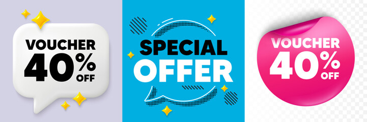 Coupon speech bubble. 3d sparkles chat, Paper sticker. Voucher 40 percent off sale. Special offer coupon sign. Black friday discount symbol. Special offer bubble. Halftone dots pattern. Vector